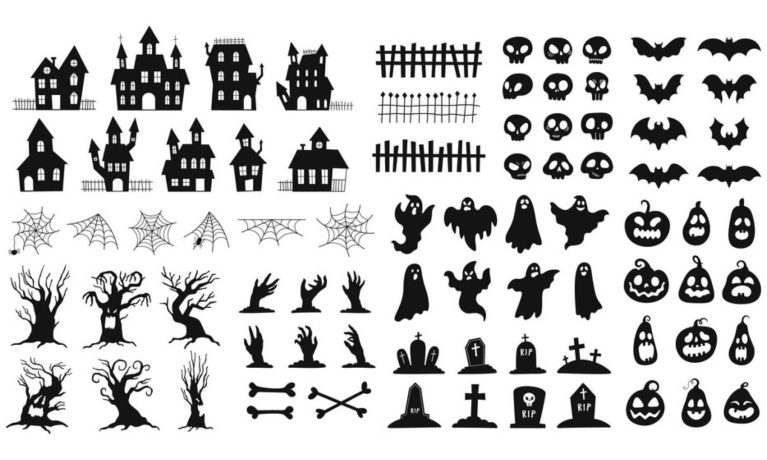 halloween-silhouettes-spooky-decorations-zombie-hands-scary-tree-ghosts-haunted-house-pumpkin-faces-graveyard-tombstones-vector-set-illustration-halloween-bat-scary-spooky_102902-4278